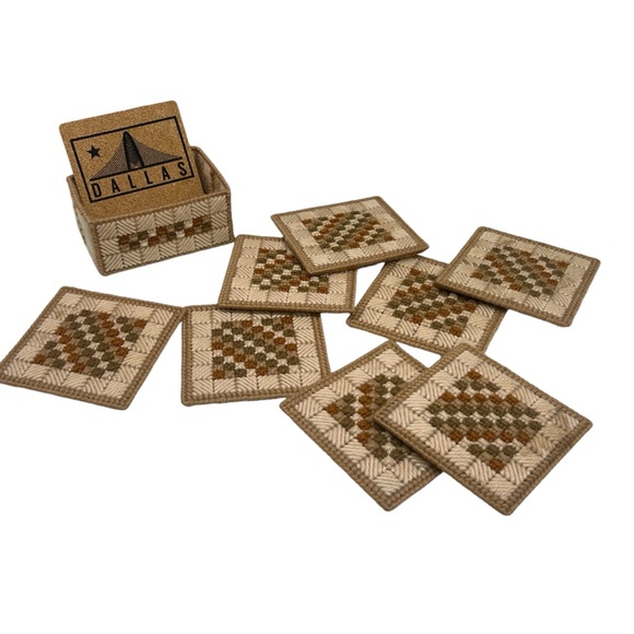(8) Vintage Handmade Needle Point Canvas Art Coaster Set with Holder FALL Decor - Picture 2 of 12